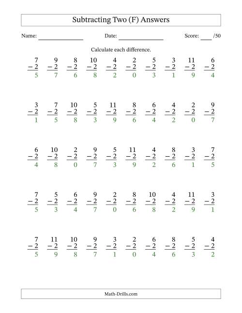 The Subtracting Two With Differences from 0 to 9 – 50 Questions (F) Math Worksheet Page 2
