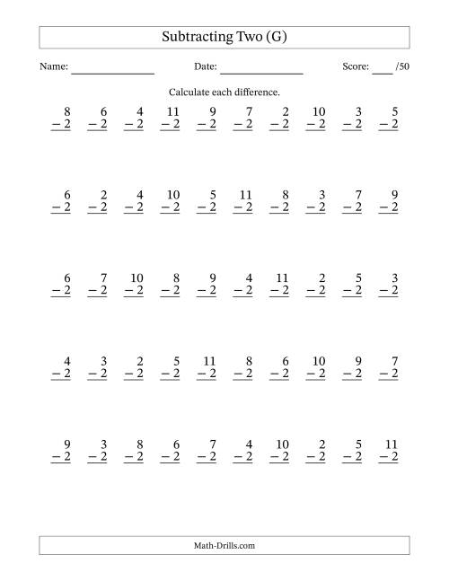 The Subtracting Two With Differences from 0 to 9 – 50 Questions (G) Math Worksheet