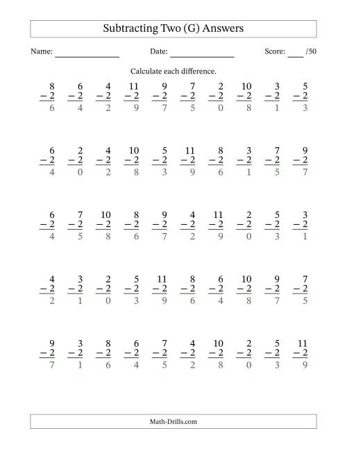 The Subtracting Two With Differences from 0 to 9 – 50 Questions (G) Math Worksheet Page 2