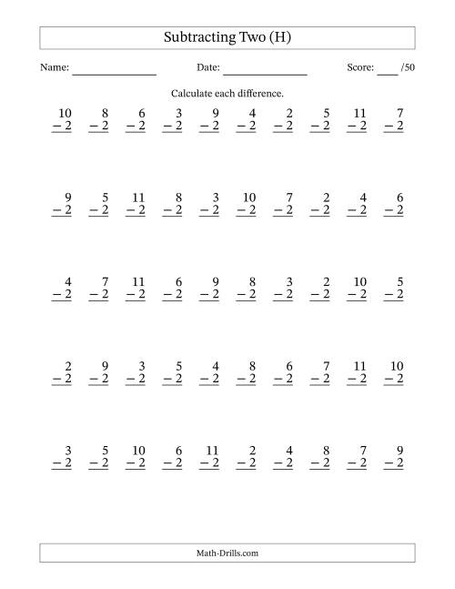 The Subtracting Two With Differences from 0 to 9 – 50 Questions (H) Math Worksheet