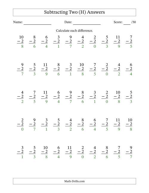 The Subtracting Two With Differences from 0 to 9 – 50 Questions (H) Math Worksheet Page 2