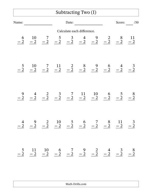 The Subtracting Two With Differences from 0 to 9 – 50 Questions (I) Math Worksheet