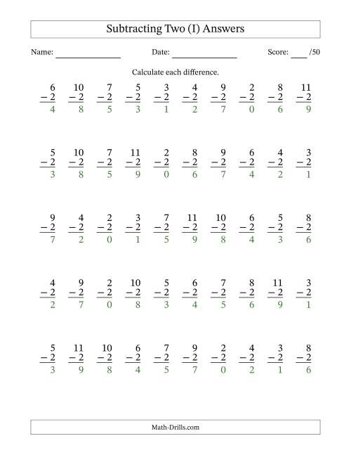 The Subtracting Two With Differences from 0 to 9 – 50 Questions (I) Math Worksheet Page 2