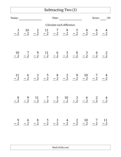 The Subtracting Two With Differences from 0 to 9 – 50 Questions (J) Math Worksheet