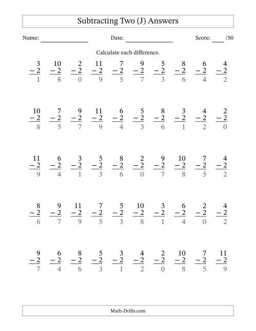 The Subtracting Two With Differences from 0 to 9 – 50 Questions (J) Math Worksheet Page 2