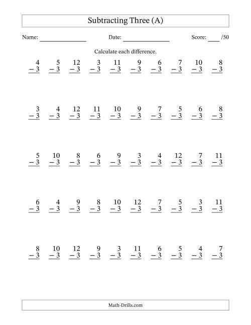 The Subtracting Three With Differences from 0 to 9 – 50 Questions (A) Math Worksheet