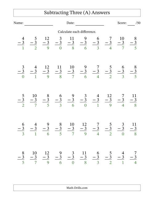 The Subtracting Three (3) with Differences 0 to 9 (50 Questions) (A) Math Worksheet Page 2