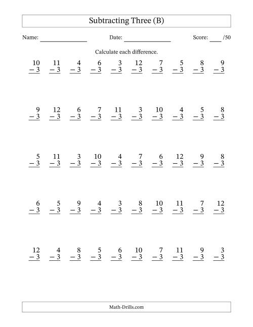 The Subtracting Three With Differences from 0 to 9 – 50 Questions (B) Math Worksheet