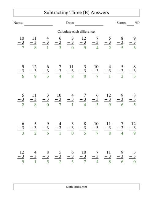 The Subtracting Three With Differences from 0 to 9 – 50 Questions (B) Math Worksheet Page 2