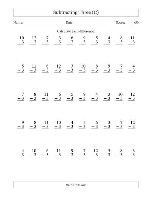 The Subtracting Three With Differences from 0 to 9 – 50 Questions (C) Math Worksheet