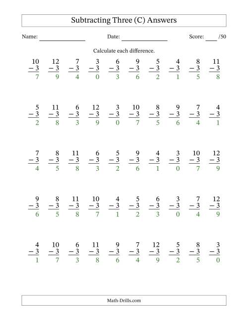 The Subtracting Three With Differences from 0 to 9 – 50 Questions (C) Math Worksheet Page 2