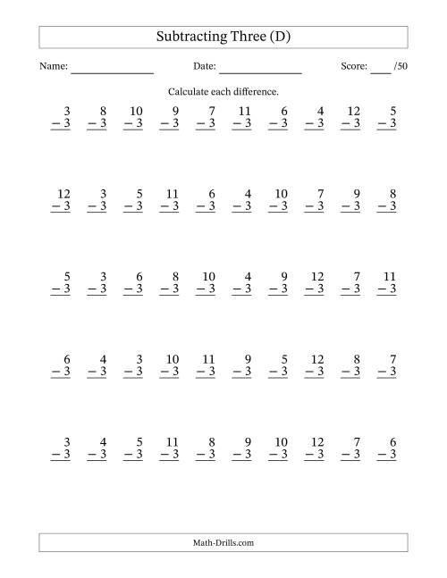 The Subtracting Three With Differences from 0 to 9 – 50 Questions (D) Math Worksheet