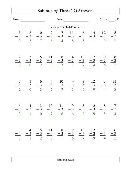 The Subtracting Three With Differences from 0 to 9 – 50 Questions (D) Math Worksheet Page 2