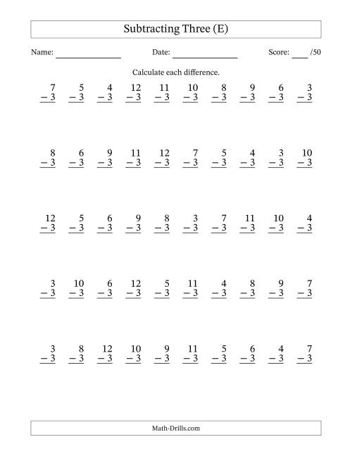 The Subtracting Three With Differences from 0 to 9 – 50 Questions (E) Math Worksheet