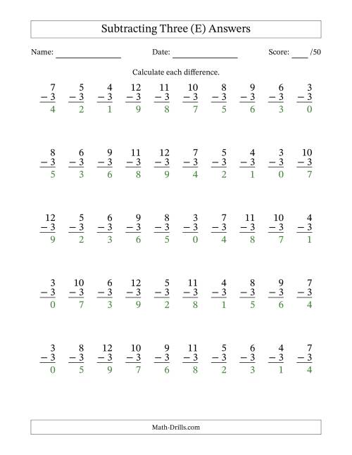 The Subtracting Three With Differences from 0 to 9 – 50 Questions (E) Math Worksheet Page 2