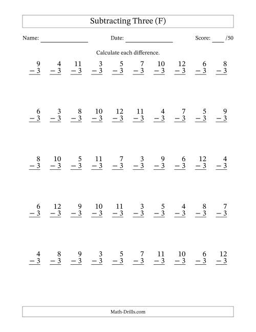 The Subtracting Three With Differences from 0 to 9 – 50 Questions (F) Math Worksheet