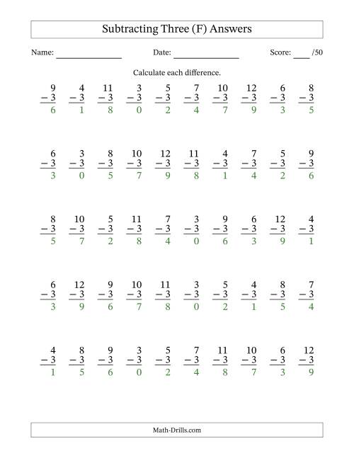 The Subtracting Three With Differences from 0 to 9 – 50 Questions (F) Math Worksheet Page 2