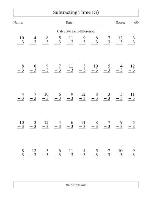 The Subtracting Three With Differences from 0 to 9 – 50 Questions (G) Math Worksheet