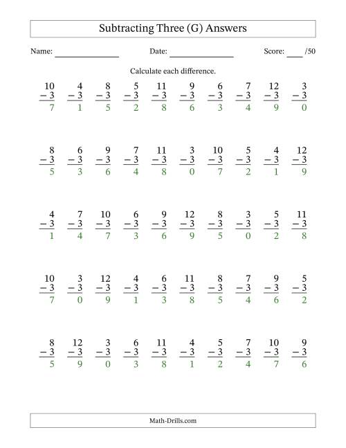 The Subtracting Three With Differences from 0 to 9 – 50 Questions (G) Math Worksheet Page 2