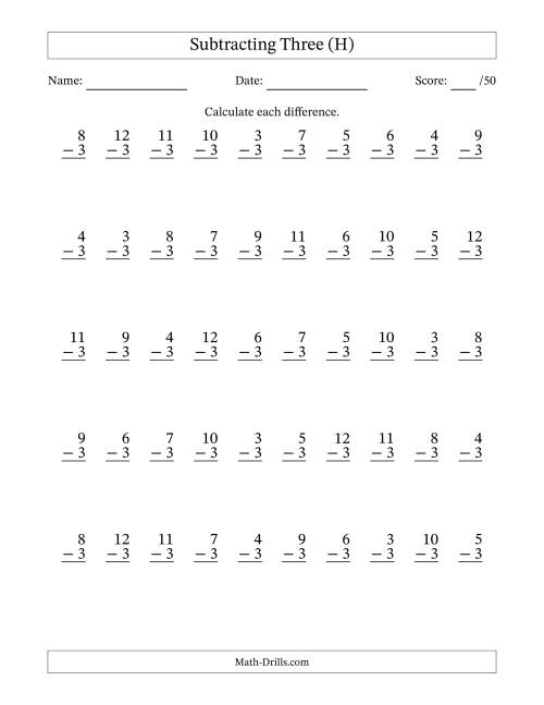 The Subtracting Three With Differences from 0 to 9 – 50 Questions (H) Math Worksheet