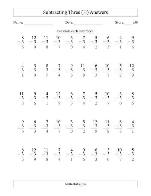 The Subtracting Three With Differences from 0 to 9 – 50 Questions (H) Math Worksheet Page 2