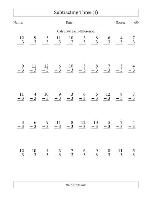The Subtracting Three With Differences from 0 to 9 – 50 Questions (I) Math Worksheet