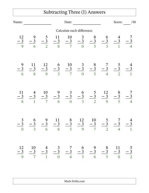 The Subtracting Three With Differences from 0 to 9 – 50 Questions (I) Math Worksheet Page 2
