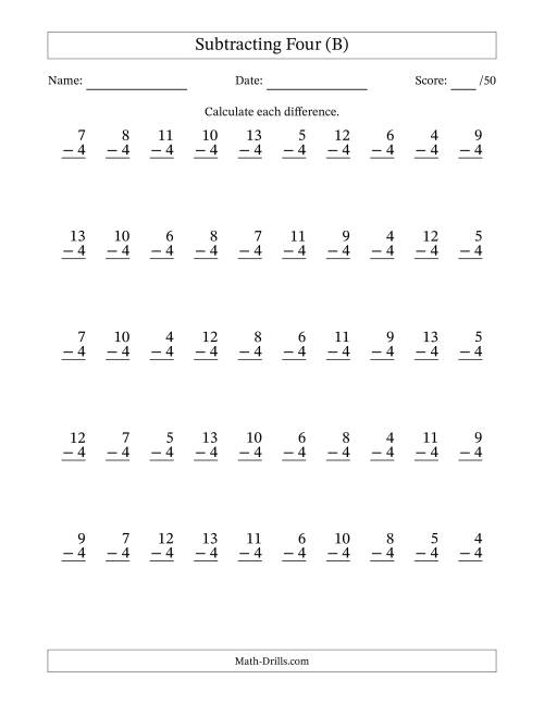 The Subtracting Four With Differences from 0 to 9 – 50 Questions (B) Math Worksheet
