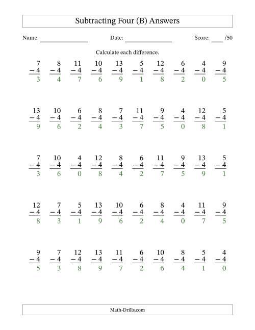 The Subtracting Four With Differences from 0 to 9 – 50 Questions (B) Math Worksheet Page 2