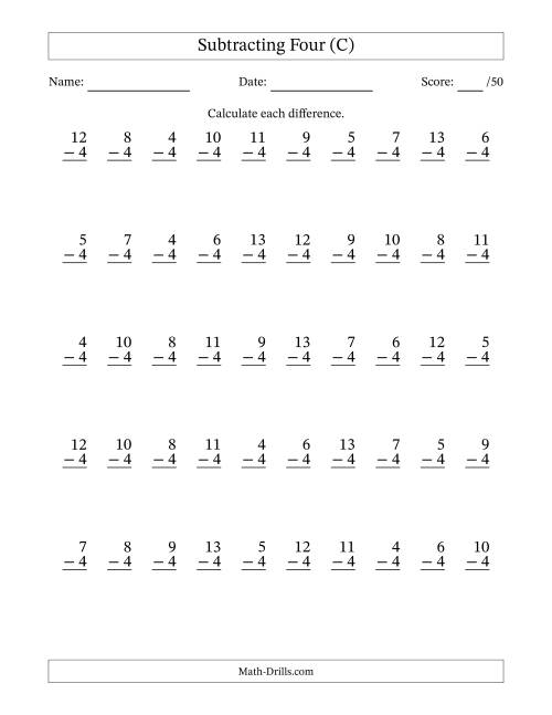 The Subtracting Four With Differences from 0 to 9 – 50 Questions (C) Math Worksheet