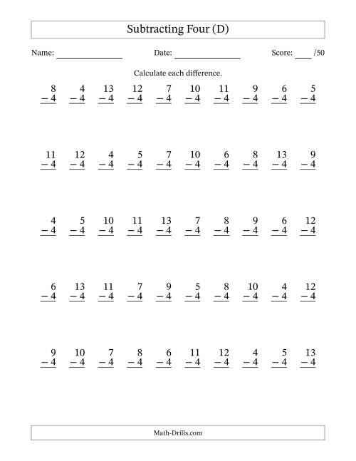 The Subtracting Four With Differences from 0 to 9 – 50 Questions (D) Math Worksheet