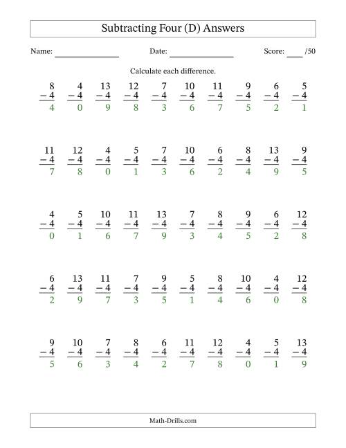 The Subtracting Four With Differences from 0 to 9 – 50 Questions (D) Math Worksheet Page 2