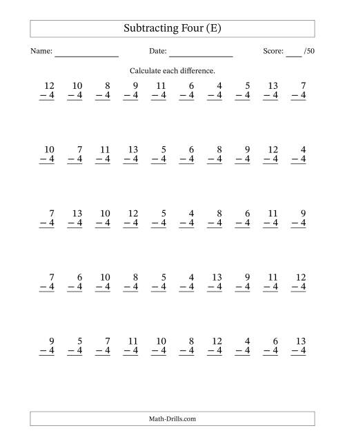 The Subtracting Four With Differences from 0 to 9 – 50 Questions (E) Math Worksheet