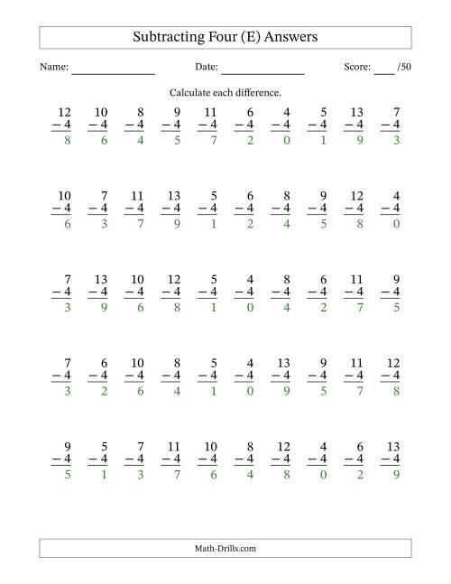 The Subtracting Four With Differences from 0 to 9 – 50 Questions (E) Math Worksheet Page 2