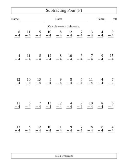 The Subtracting Four With Differences from 0 to 9 – 50 Questions (F) Math Worksheet