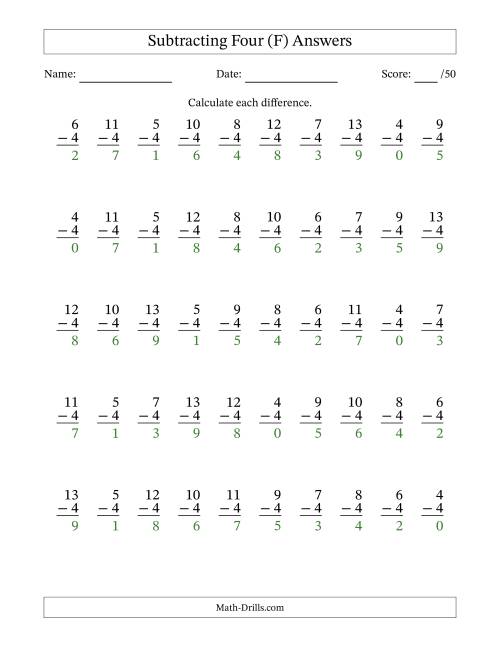 The Subtracting Four With Differences from 0 to 9 – 50 Questions (F) Math Worksheet Page 2