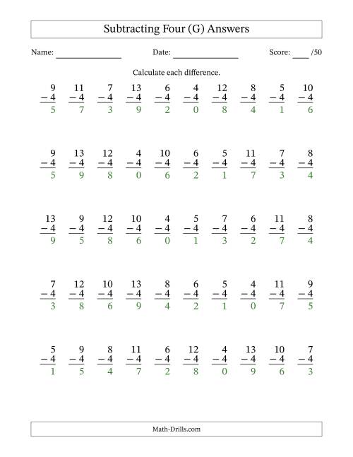 The Subtracting Four (4) with Differences 0 to 9 (50 Questions) (G) Math Worksheet Page 2