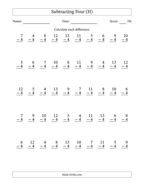 The Subtracting Four With Differences from 0 to 9 – 50 Questions (H) Math Worksheet