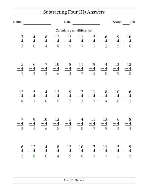 The Subtracting Four With Differences from 0 to 9 – 50 Questions (H) Math Worksheet Page 2