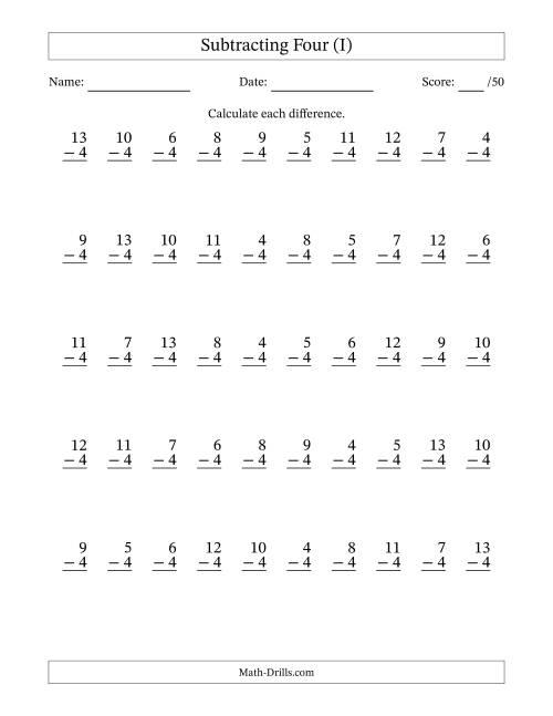 The Subtracting Four With Differences from 0 to 9 – 50 Questions (I) Math Worksheet