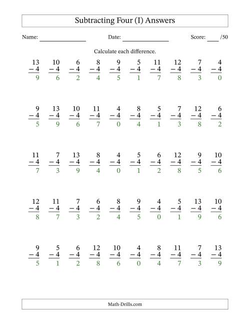 The Subtracting Four With Differences from 0 to 9 – 50 Questions (I) Math Worksheet Page 2