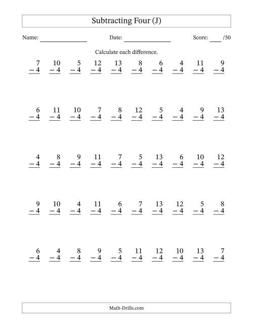 The Subtracting Four With Differences from 0 to 9 – 50 Questions (J) Math Worksheet