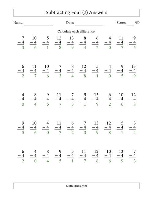 The Subtracting Four With Differences from 0 to 9 – 50 Questions (J) Math Worksheet Page 2