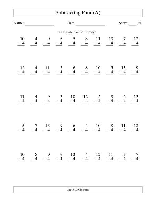 The Subtracting Four (4) with Differences 0 to 9 (50 Questions) (All) Math Worksheet