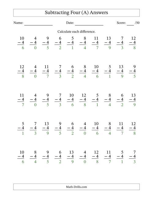 The Subtracting Four (4) with Differences 0 to 9 (50 Questions) (All) Math Worksheet Page 2