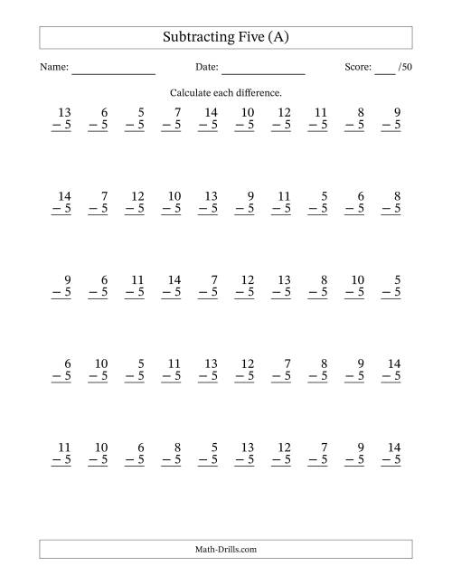 The Subtracting Five With Differences from 0 to 9 – 50 Questions (A) Math Worksheet