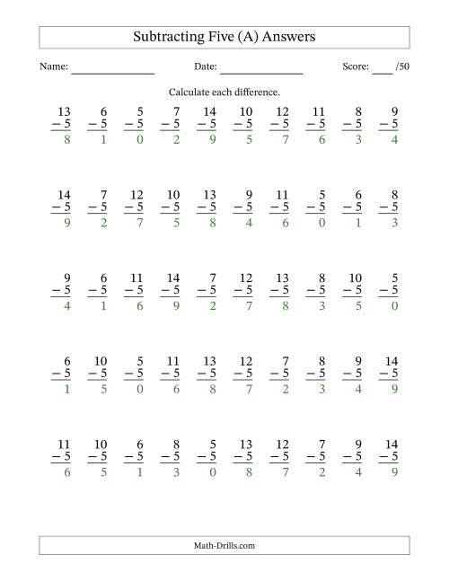 The Subtracting Five With Differences from 0 to 9 – 50 Questions (A) Math Worksheet Page 2