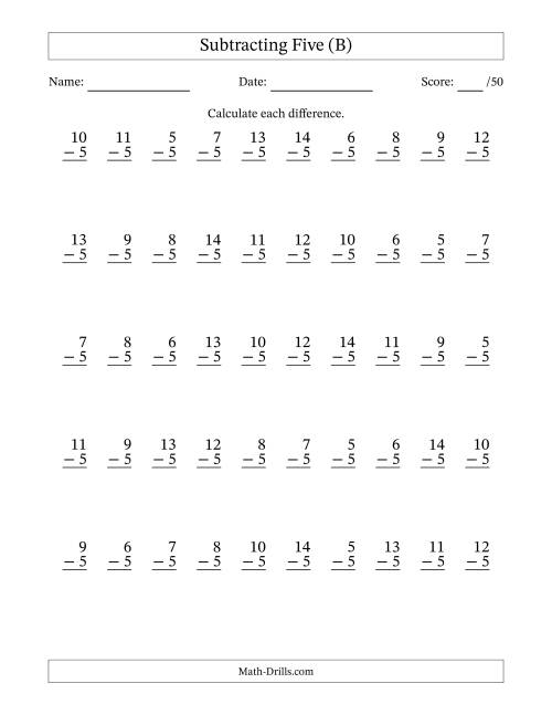 The Subtracting Five With Differences from 0 to 9 – 50 Questions (B) Math Worksheet