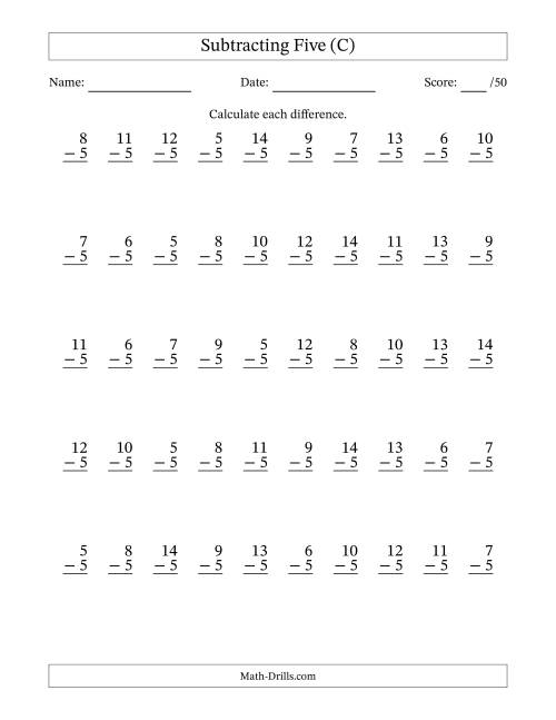 The Subtracting Five With Differences from 0 to 9 – 50 Questions (C) Math Worksheet