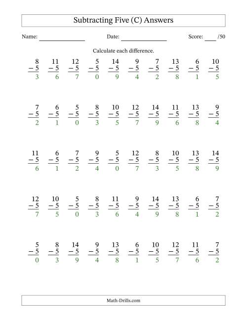 The Subtracting Five With Differences from 0 to 9 – 50 Questions (C) Math Worksheet Page 2